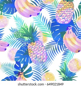 Seamless tropical pattern with palm leaves, bananas, pineapple, lemon for fabric design or other uses. Endless exotic background. - stock vector