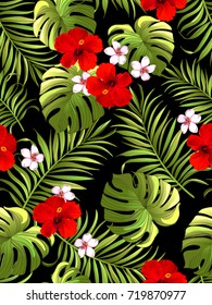 Nahtlose tropische Muster mit Palmblättern und Hibiskus-Blumen. Botanischer Hintergrund.