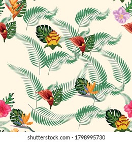 Seamless tropical pattern with palm, monstera leaves and many flowers of hibiscus, sterlitz, tropical.