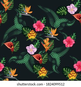 Nahtlose tropische Muster mit Palmen, Monsterablättern und vielen Blumen von Hibiskus, Sterlitz, tropisch.