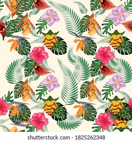 Nahtlose tropische Muster mit Palmen, Monsterablättern und vielen Blumen von Hibiskus, Sterlitz, tropisch.