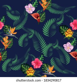 Seamless tropical pattern with palm, monstera leaves and many flowers of hibiscus, sterlitz, tropical.