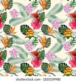 Patrón tropical sin foco con palmera, hojas de monstera y muchas flores de hibiscus, esterlitz, tropical.