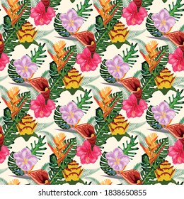 Seamless tropical pattern with palm, monstera leaves and many flowers of hibiscus, sterlitz, tropical.
