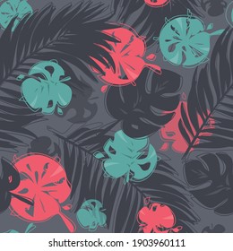 seamless tropical pattern with palm and monstera leaves, natural colorful patterns on a dark background, leaves are scattered over the background