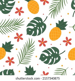 Seamless tropical pattern with palm and monstera leaves, pineapples and blooming flowers. Flat vector illustration.