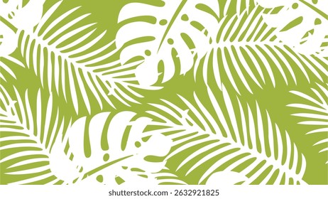 Seamless Tropical Pattern with Palm and Monstera Leaves on Green Background