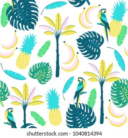 Seamless tropical pattern with palm, parrot,  and palm  leaves. Vector  illustration