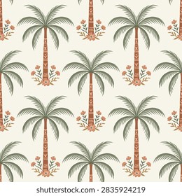 Seamless tropical pattern with palm tree and delicate floral ornament, vintage botanical design in muted green and terracotta tones for wallpaper, fabric and textile