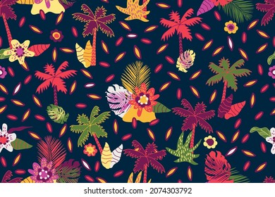 seamless tropical pattern with palm trees and flowers, vector design for paper, fabric and other surface