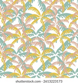 Seamless tropical pattern with palm trees on white background. Ideal for summer apparel, beach decor, travel branding, packaging, and web backgrounds. Vector illustration