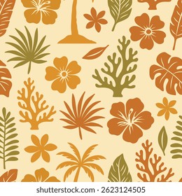 Seamless tropical pattern with palm trees, leaves, coral, and exotic flowers in warm earthy tones. Ideal for summer-themed designs, textiles, and vacation graphics.