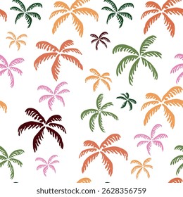 Padrão tropical contínuo com palmeiras sobre fundo branco. Ideal para roupas de verão, decoração de praia, marcas de viagem, embalagens e fundos da web. Ilustração vetorial