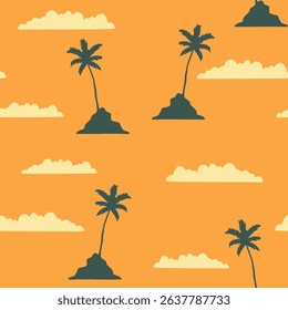 Seamless Tropical Pattern with Palm Trees and Clouds on Vibrant Background