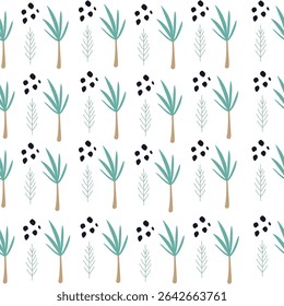 Nahtloses Vektormuster mit Palmen und Beeren, minimalistisches tropisches Design