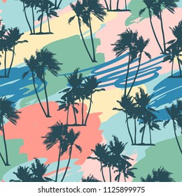 Seamless tropical pattern with palms and artistic background. Modern abstract design for paper, cover, fabric, interior decor and other users.