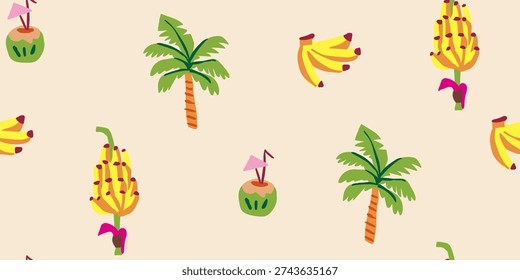 Seamless tropical pattern with palms and coconut banana cocktails