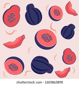 Seamless Tropical pattern with papayas and abstract element on neutral white pink background. Ornament for textile, wrapping, packaging. Papaya vectorwith beautiful color.