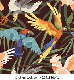 Seamless tropical pattern with parrots in jungles. Endless background with exotic birds and palm leaves. Repeatable Hawaiian print with aras and macaws. Colored flat vector illustration for fabric