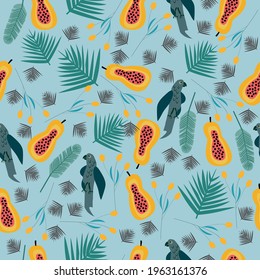 Seamless tropical pattern of parrots, tropical leaves, flowers and papaya. Vector illustration 