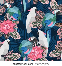 Seamless tropical pattern with parrots. Vector illustration