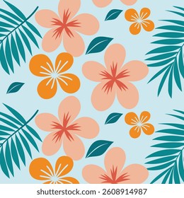 Seamless Tropical Pattern with Peach Flowers and Teal Leaves on Blue
