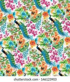 Seamless tropical pattern with peacocks and flowers.