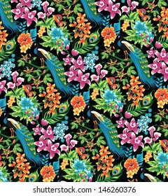 Seamless tropical pattern with peacocks and flowers.