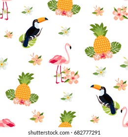 Seamless tropical pattern with pineapple, toucans and flamingos