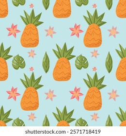 Seamless tropical pattern with pineapples, green leaves, and pink flowers on a light blue background. Perfect for summer designs, textiles, packaging, and vibrant decorations, optimized for top search