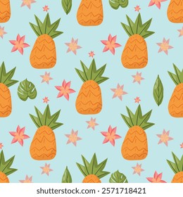 Seamless tropical pattern with pineapples, green leaves, and pink flowers on a light blue background. Perfect for summer designs, textiles, packaging, and vibrant decorations, optimized for top search