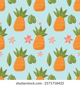 Seamless tropical pattern with pineapples, green leaves, and pink flowers on a light blue background. Perfect for summer designs, textiles, packaging, and vibrant decorations, optimized for top search