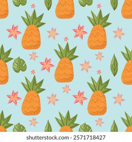 Seamless tropical pattern with pineapples, green leaves, and pink flowers on a light blue background. Perfect for summer designs, textiles, packaging, and vibrant decorations, optimized for top search