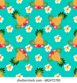 Seamless tropical pattern with pineapples and hawaiian flowers. Can be used for textile, covering, wrapping