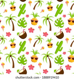 Seamless tropical pattern with pineapples, monstera, cactus, palm trees and flowers Vector Illustration.