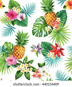 Seamless tropical pattern with pineapples, palm leaves and flowers. Vector illustration.