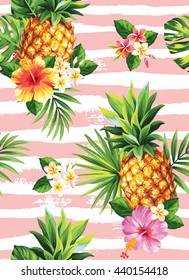 Seamless tropical pattern with pineapples, palm leaves and flowers on a striped background. Vector illustration.