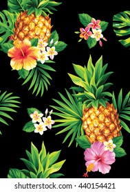 Seamless tropical pattern with pineapples, palm leaves and flowers. Vector illustration.