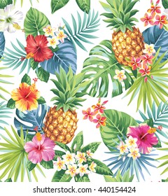 Seamless tropical pattern with pineapples, palm leaves and flowers. Vector illustration.