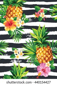 Seamless tropical pattern with pineapples, palm leaves and flowers on a striped background. Vector illustration.