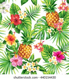 Seamless tropical pattern with pineapples, palm leaves and flowers. Vector illustration.