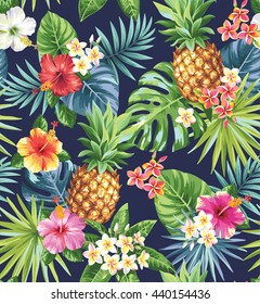 Seamless tropical pattern with pineapples, palm leaves and flowers. Vector illustration.