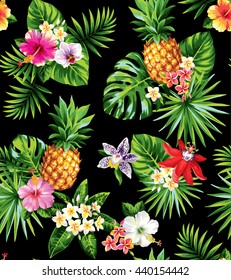Seamless tropical pattern with pineapples, palm leaves and flowers. Vector illustration.
