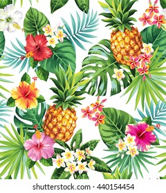 Seamless tropical pattern with pineapples, palm leaves and flowers. Vector illustration.