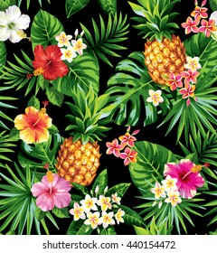 Seamless tropical pattern with pineapples, palm leaves and flowers. Vector illustration.