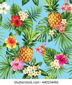 Seamless tropical pattern with pineapples, palm leaves and flowers. Vector illustration.