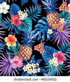 Seamless tropical pattern with pineapples, palm leaves and flowers. Vector illustration.