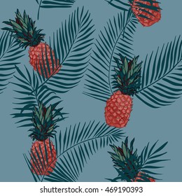 Seamless tropical pattern with pineapples, palm leaves and flowers. Vector illustration.