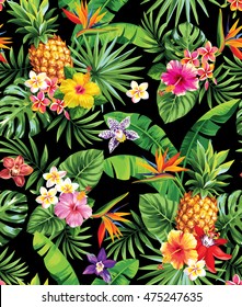 Seamless tropical pattern with pineapples, palm leaves and flowers. Vector illustration.