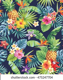 Seamless tropical pattern with pineapples, palm leaves and flowers. Vector illustration.